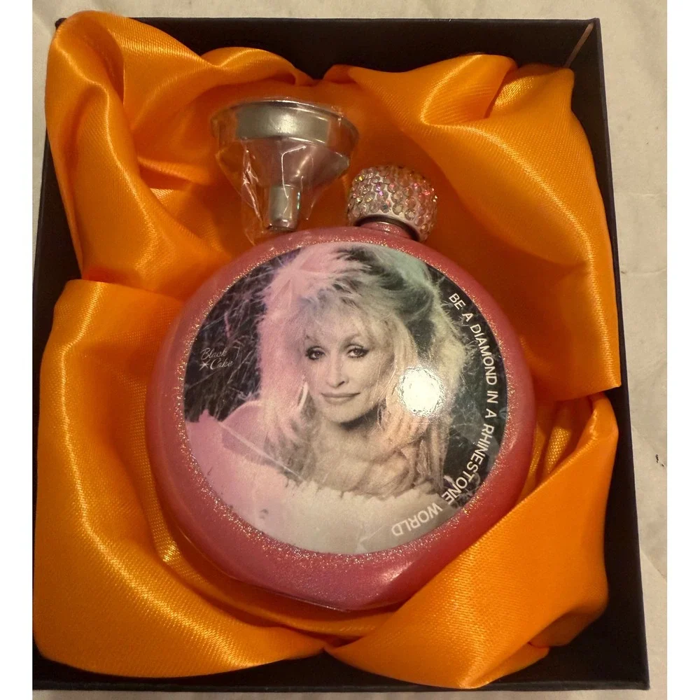 Black Cake Dolly Parton Pink Glitter Round Hip Flask Rhinestone Cap with Funnel